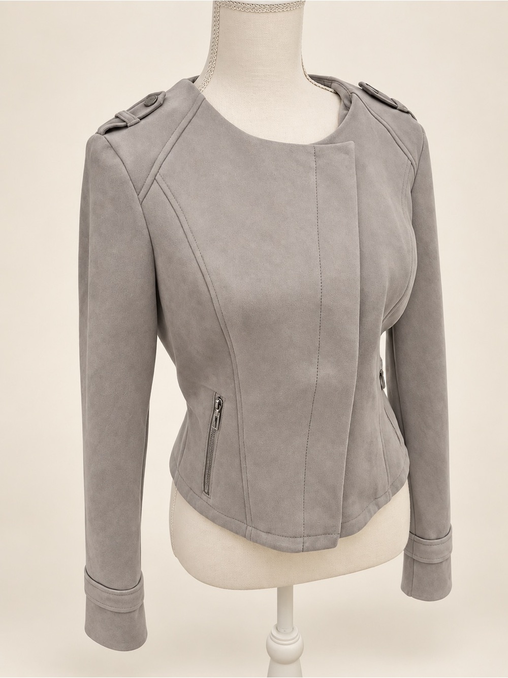 White House Black Market Light Gray Faux Suede Moto Jacket
